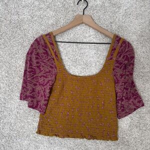 Free People Marigold Smocked Floral Blouse Bronze Purple S/M